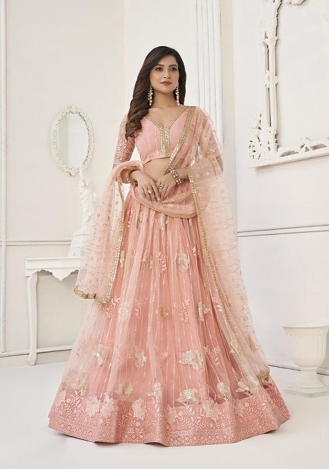 Peach Embroidery Net Lehenga Set