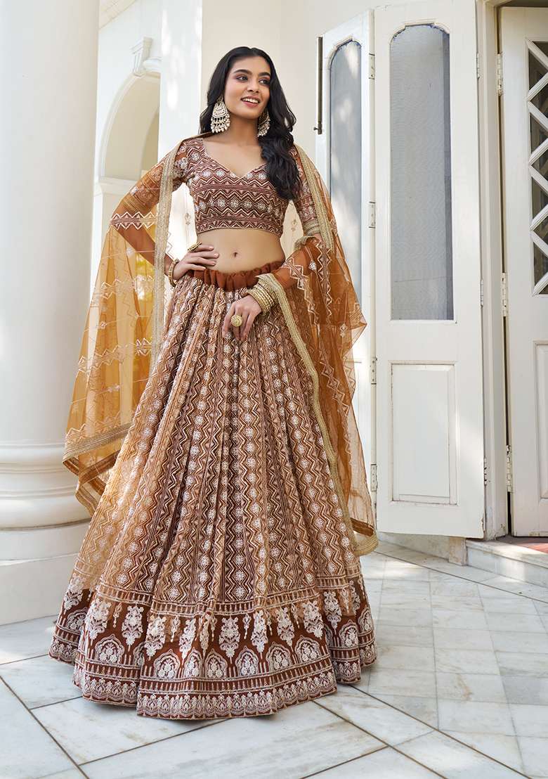 Brown Net Lehenga Set with Embroidery for Diwali | Wedding & Festive Wear - Indya