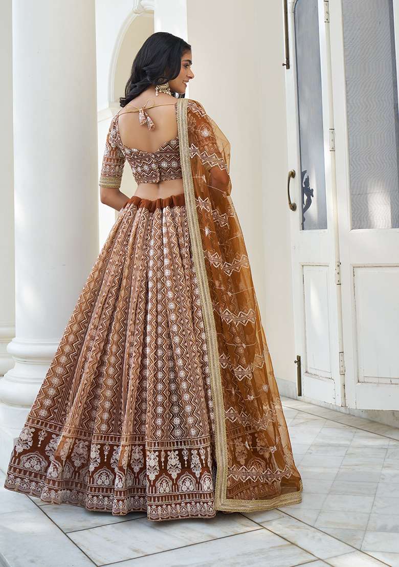 Brown Net Lehenga Set with Embroidery for Diwali | Wedding & Festive Wear - Indya
