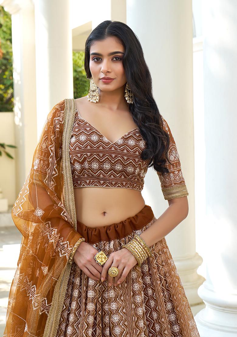 Brown Embroidery Net Lehenga Set - Indya