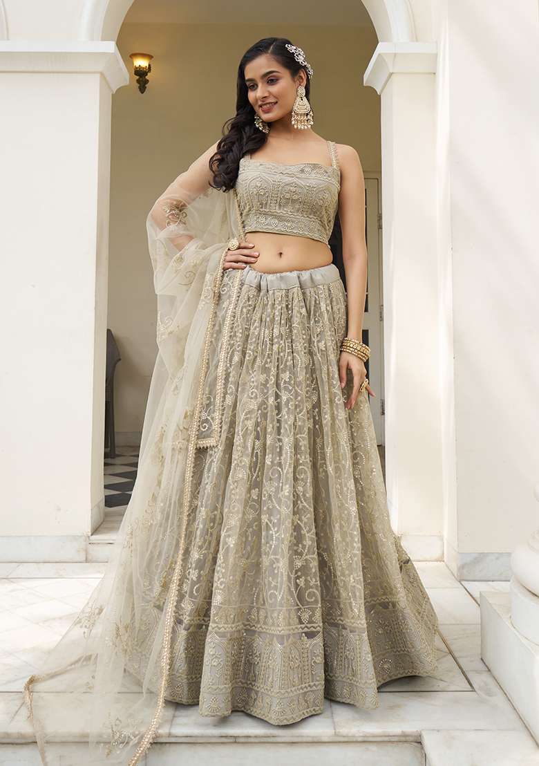 Ivory Embroidery Net Lehenga Set for Diwali and Festive Wear - Indya