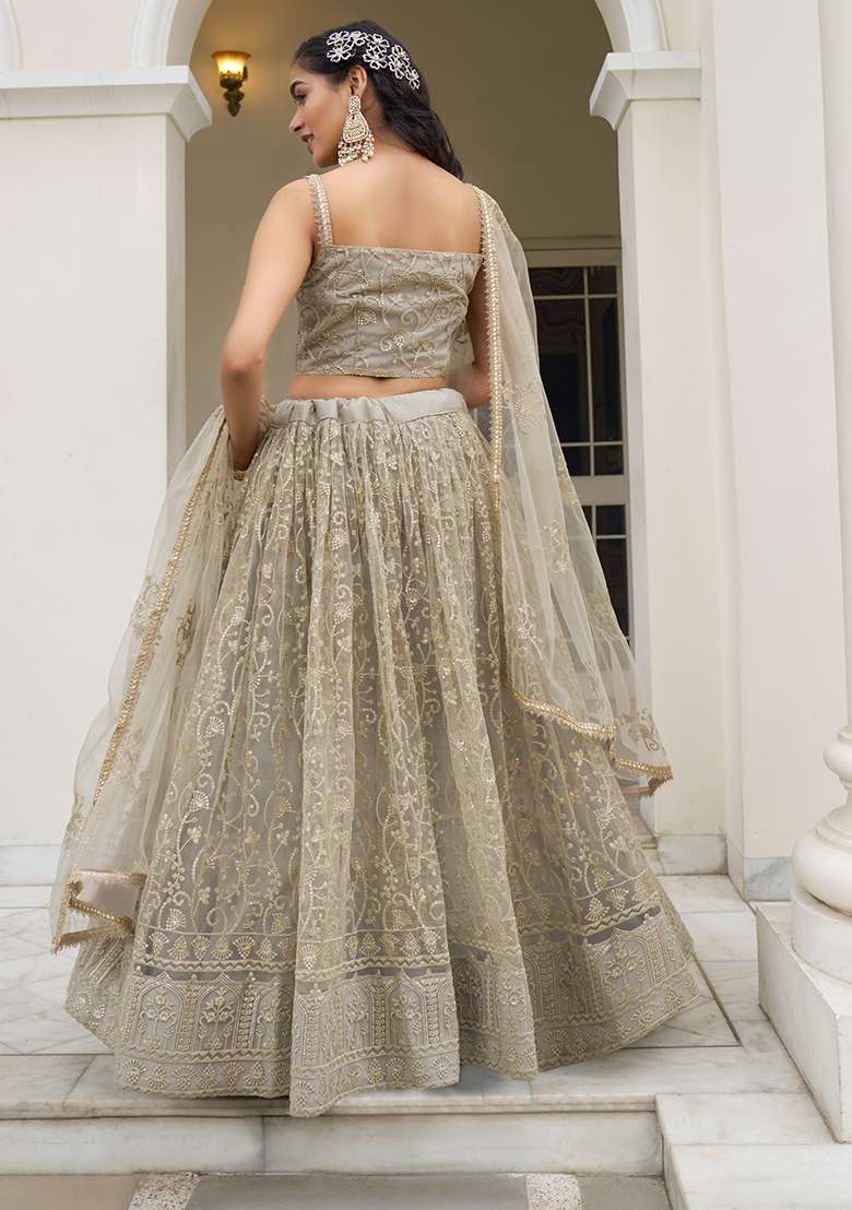 Ivory Embroidery Net Lehenga Set for Diwali and Festive Wear - Indya