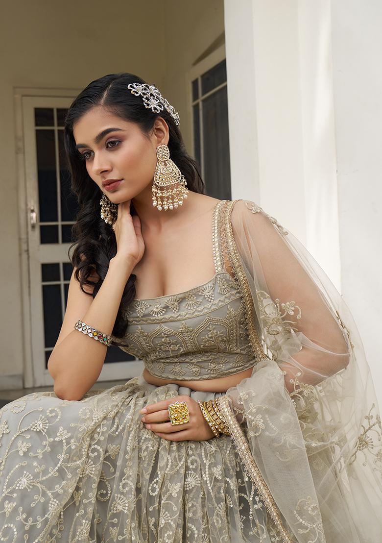 Ivory Embroidery Net Lehenga Set - Indya