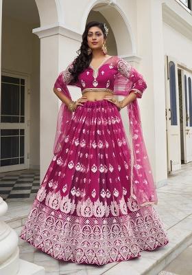 Dark Pink Embroidery Net Lehenga Set