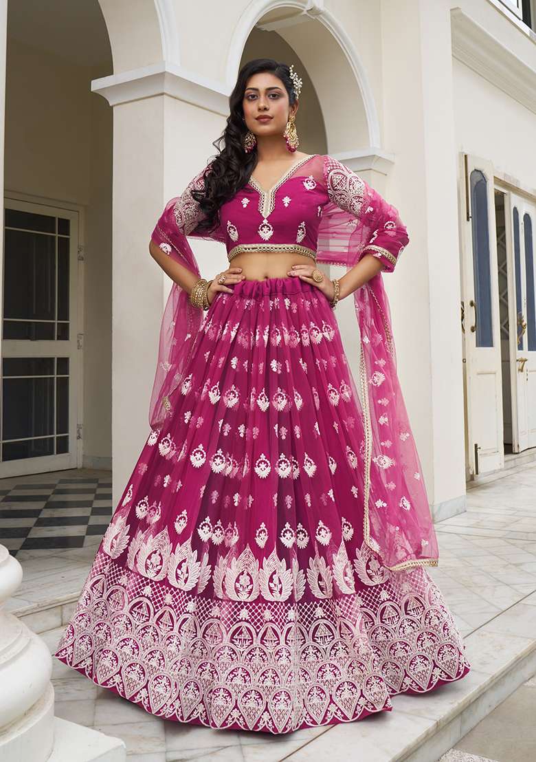 Dark Pink Net Lehenga Set with Embroidery for Diwali | Wedding & Festive Wear - Indya