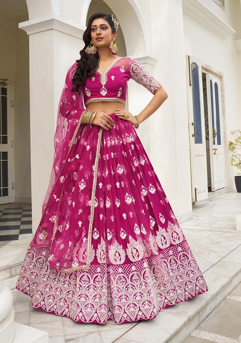 Dark Pink Embroidery Net Lehenga Set - Indya