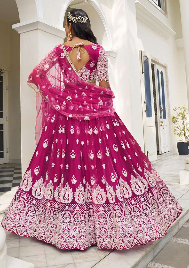 Dark Pink Net Lehenga Set with Embroidery for Diwali | Wedding & Festive Wear - Indya
