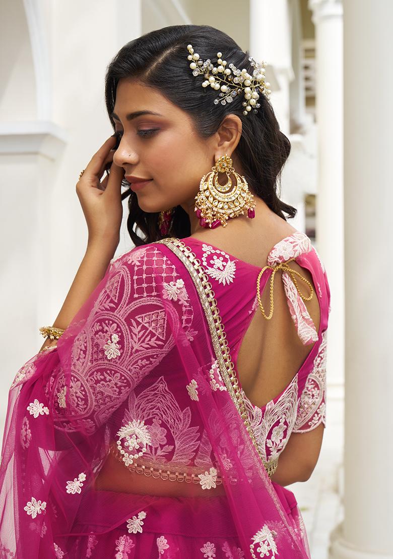 Dark Pink Embroidery Net Lehenga Set - Indya