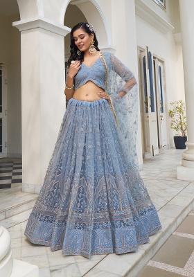 Light Blue Grey Embroidery Net Lehenga Set