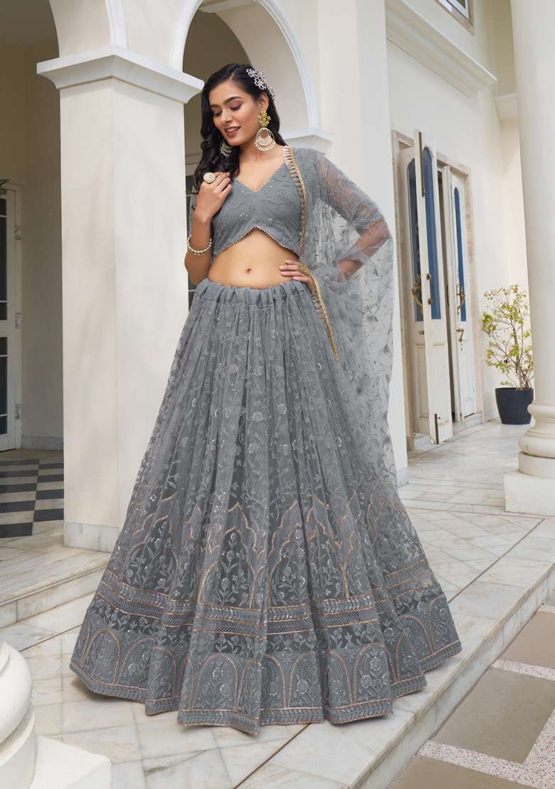 Light Blue Grey Embroidery Net Lehenga Set for Diwali and Festive Wear - Indya