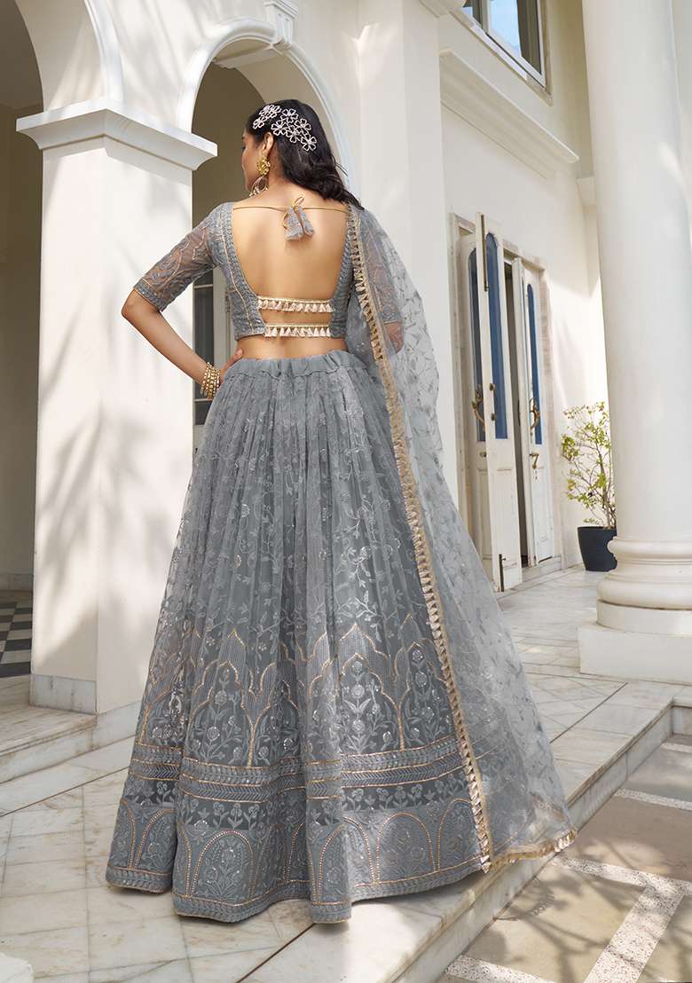 Light Blue Grey Embroidery Net Lehenga Set for Diwali and Festive Wear - Indya