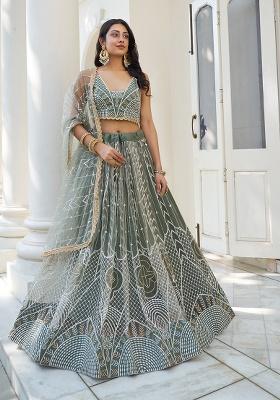 Dusty Green Embroidery Net Lehenga Set