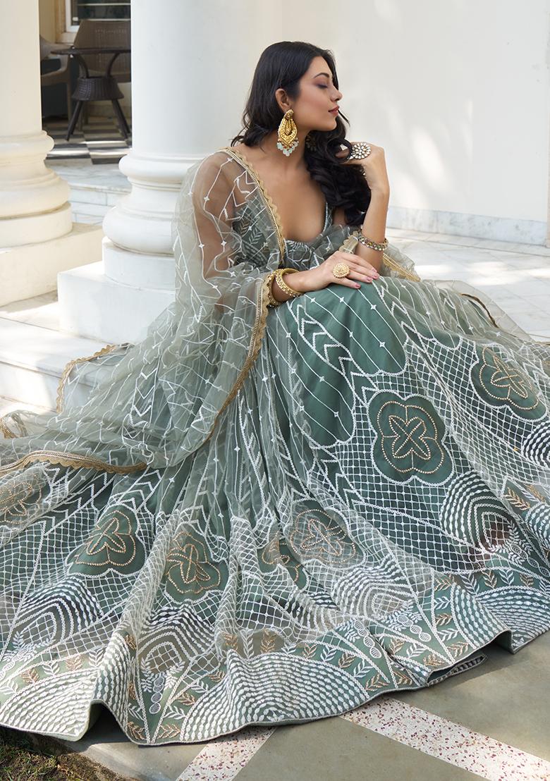 Dusty Green Embroidery Net Lehenga Set - Indya
