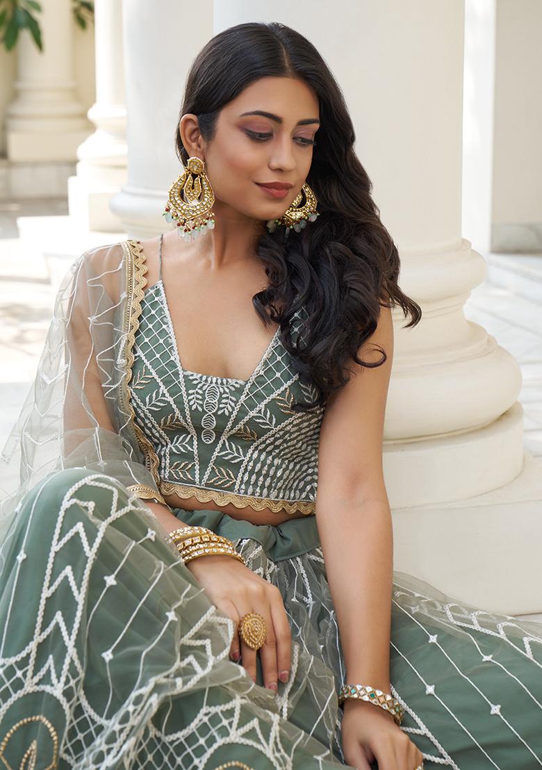 Dusty Green Embroidery Net Lehenga Set - Indya