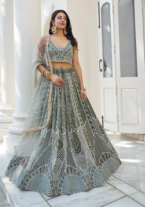 Dusty Green Embroidery Net Lehenga Set