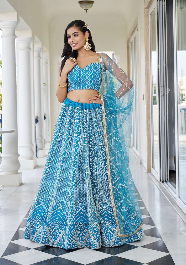 Sky Blue Embroidery Net Lehenga Set for Diwali and Festive Wear - Indya