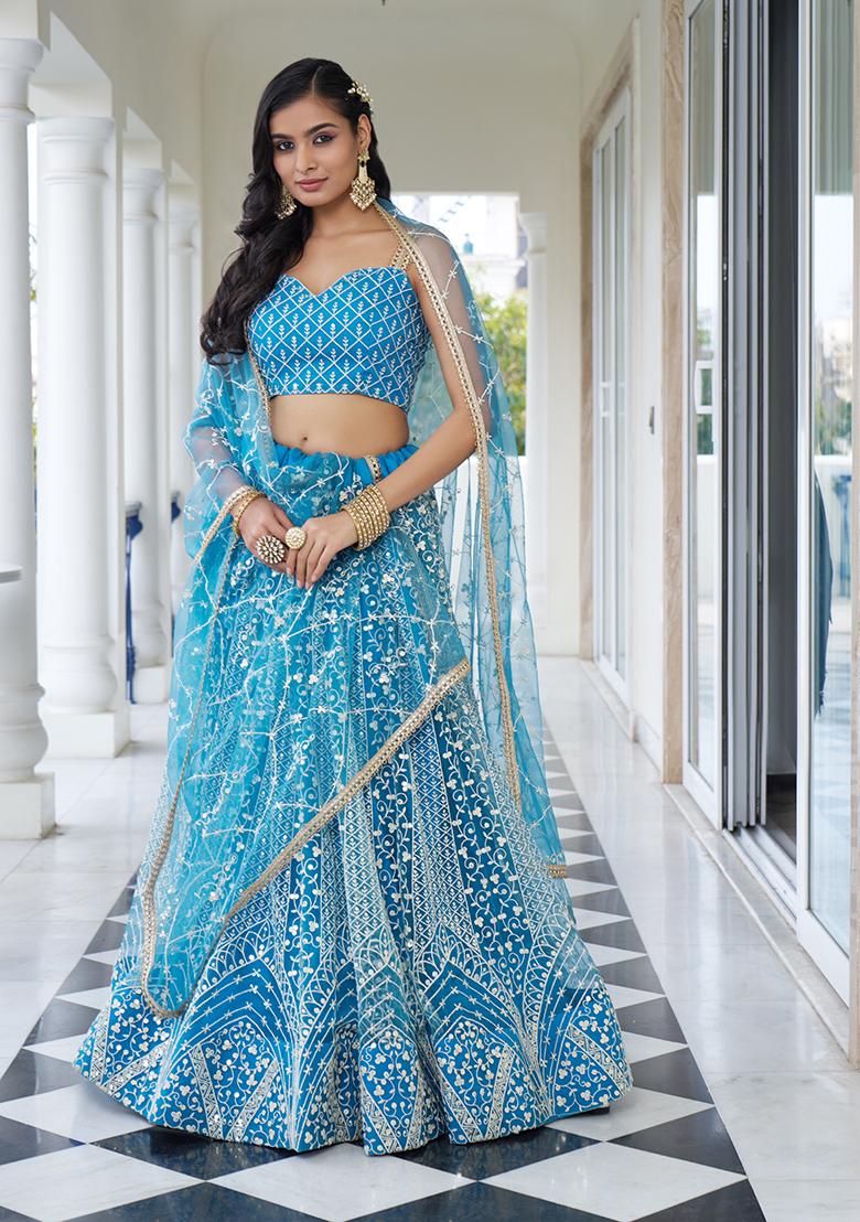 Sky Blue Embroidery Net Lehenga Set - Indya