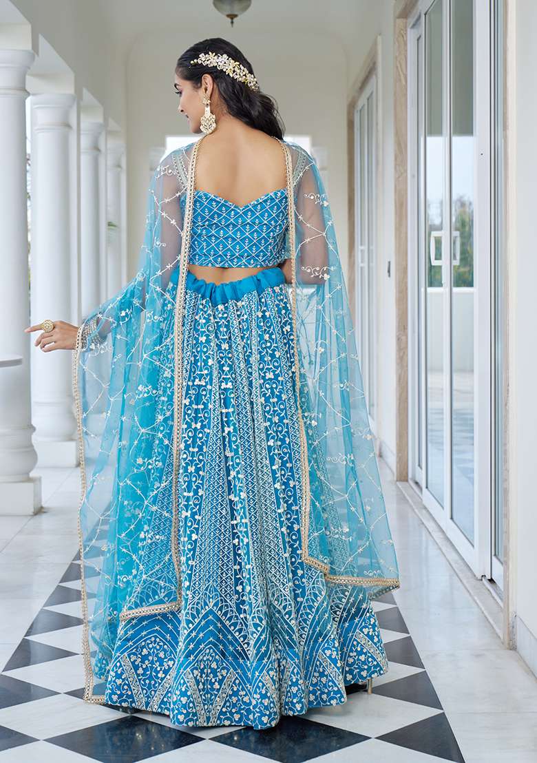 Sky Blue Embroidery Net Lehenga Set for Diwali and Festive Wear - Indya