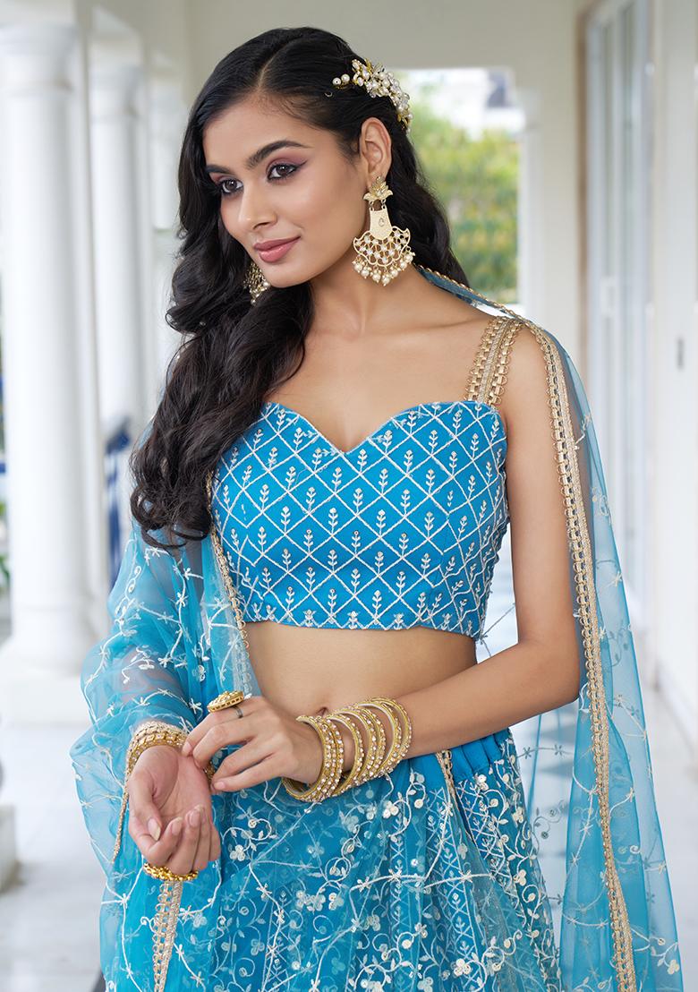 Sky Blue Embroidery Net Lehenga Set - Indya