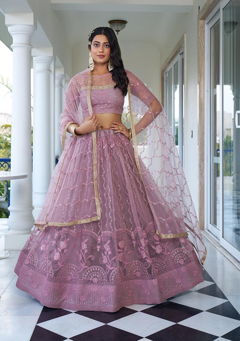 Dusty Pink Embroidery Net Lehenga Set - Indya