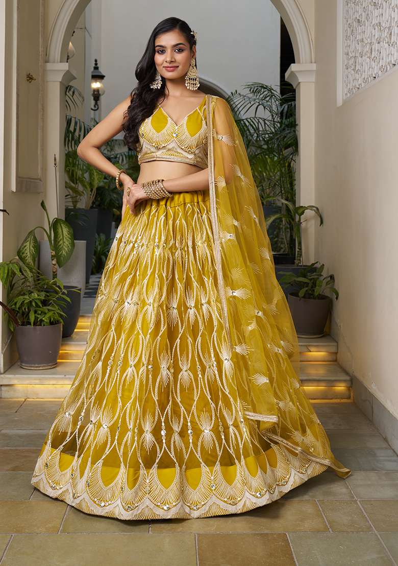 Mustard Yellow Net Lehenga Set with Embroidery for Diwali | Wedding & Festive Wear - Indya