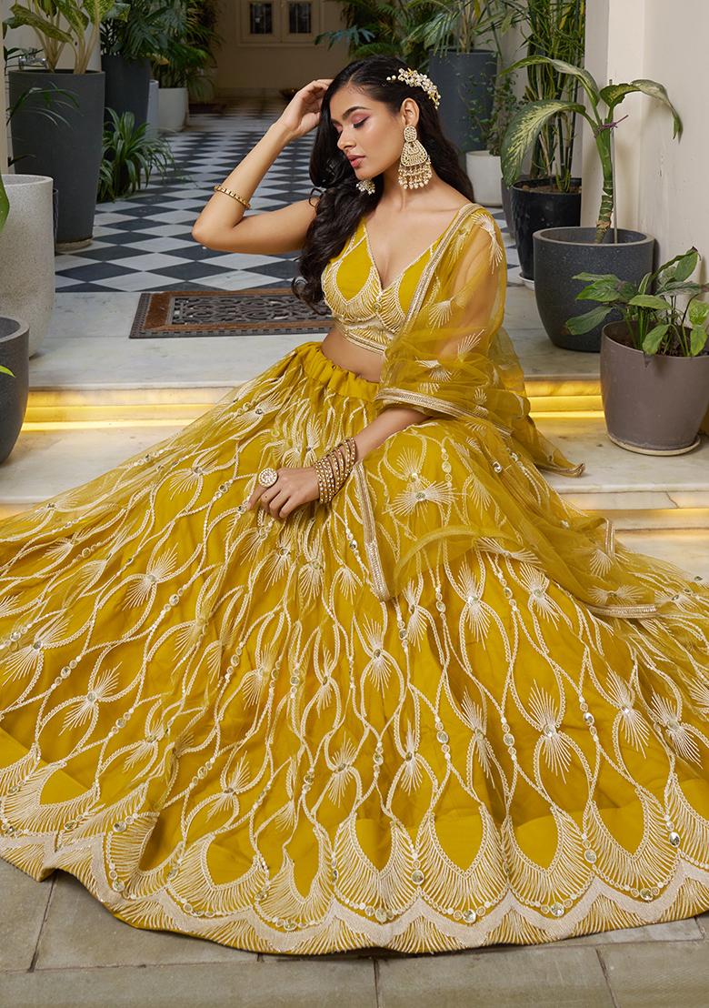 Mustard Yellow Embroidery Net Lehenga Set - Indya