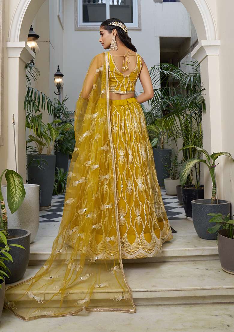 Mustard Yellow Net Lehenga Set with Embroidery for Diwali | Wedding & Festive Wear - Indya