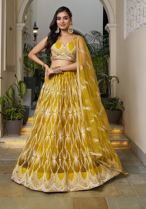 Mustard Yellow Embroidery Net Lehenga Set