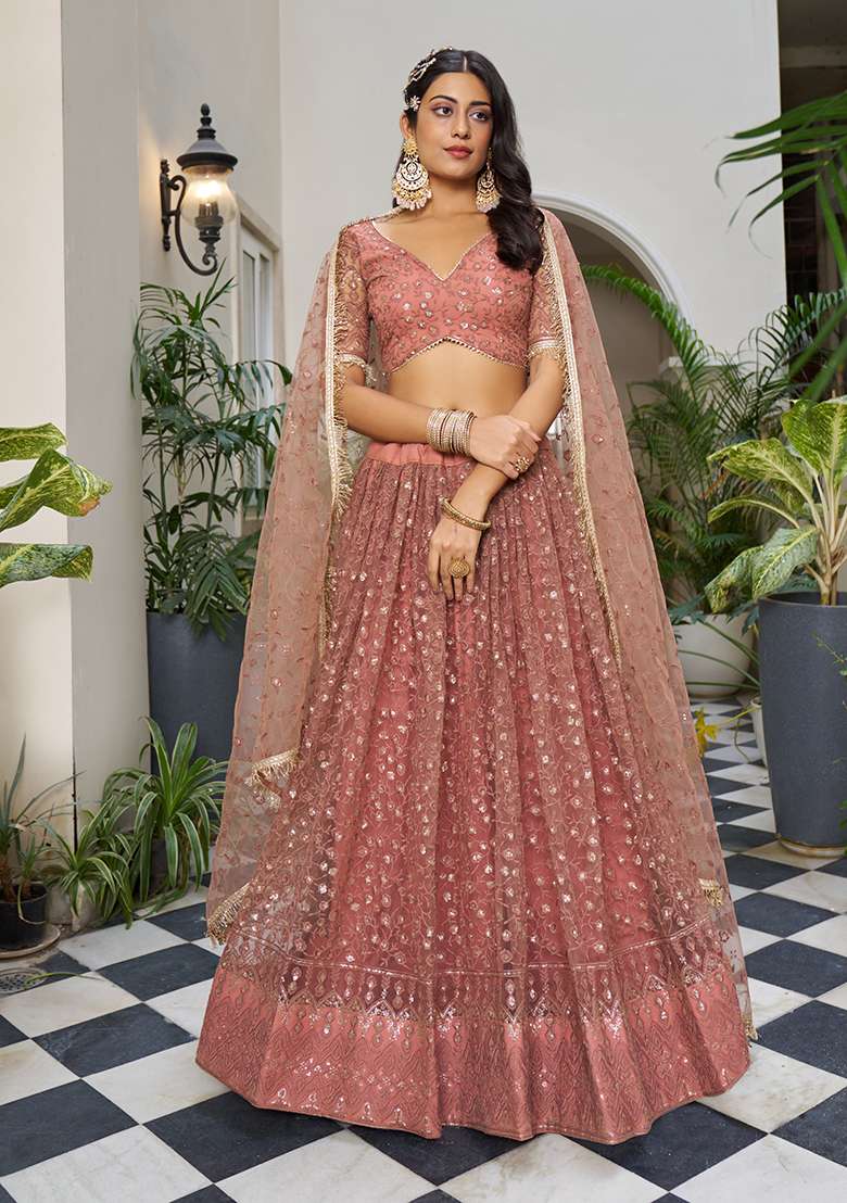 Rust Embroidery Net Lehenga Set for Diwali and Festive Wear - Indya