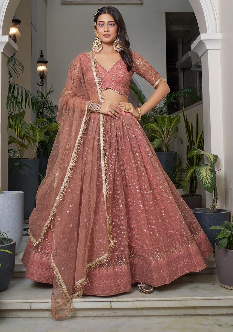 Rust Embroidery Net Lehenga Set - Indya