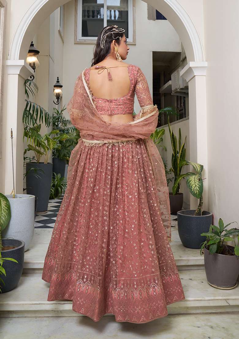Rust Embroidery Net Lehenga Set for Diwali and Festive Wear - Indya