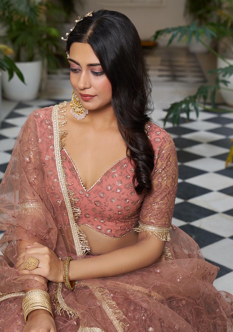 Rust Embroidery Net Lehenga Set - Indya