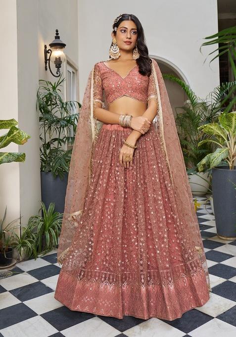 Rust Embroidery Net Lehenga Set
