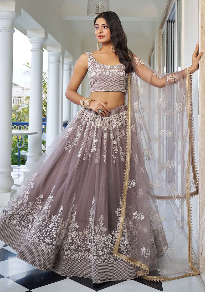 Light Dusty Brown Embroidery Net Lehenga Set for Diwali and Festive Wear - Indya