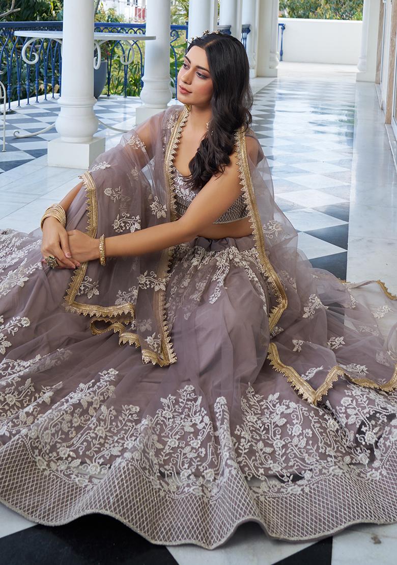 Light Dusty Brown Embroidery Net Lehenga Set - Indya