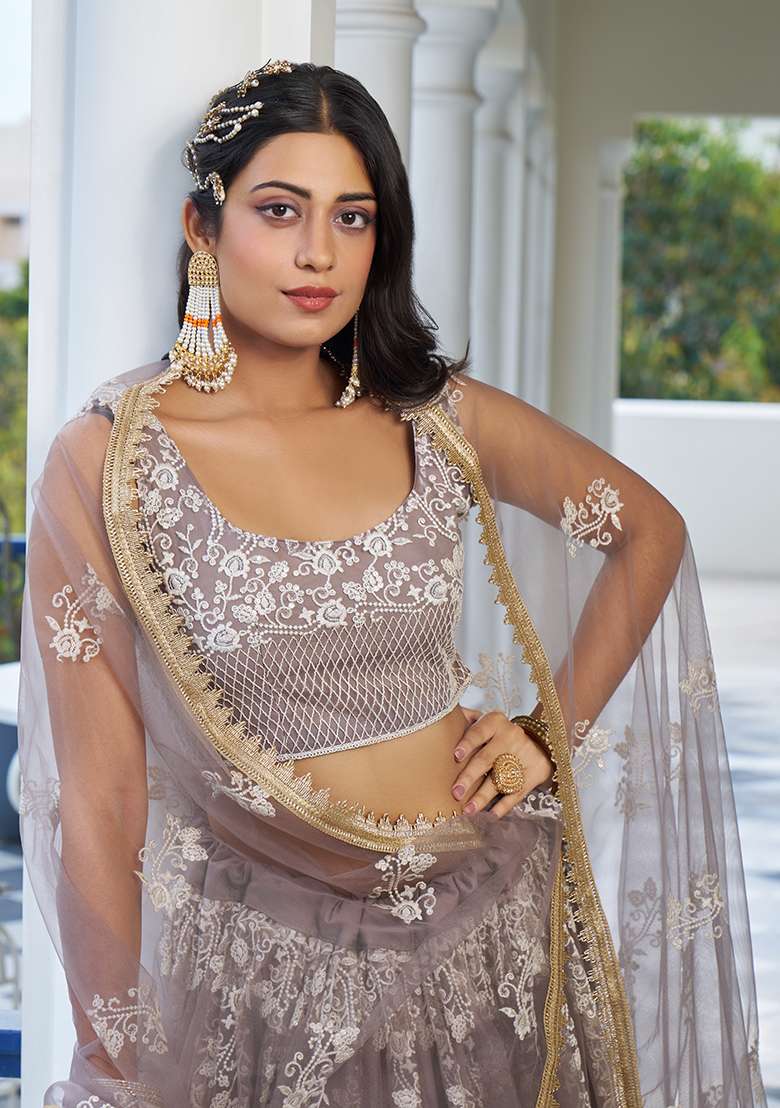 Light Dusty Brown Embroidery Net Lehenga Set for Diwali and Festive Wear - Indya