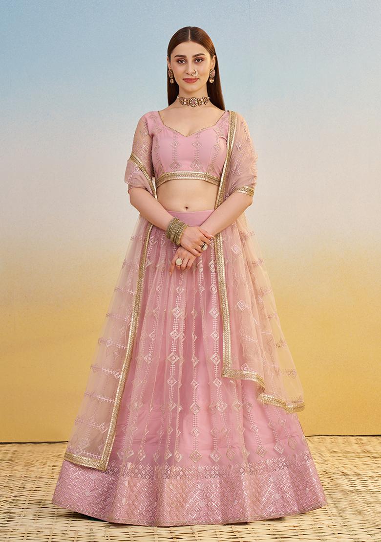 Pink Embroidery Net Lehenga Set - Indya