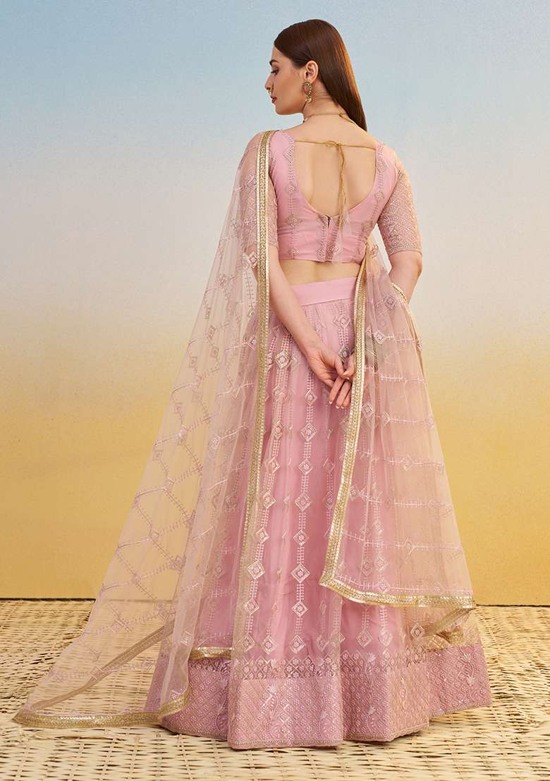 Pink Embroidery Net Lehenga Set for Diwali and Festive Wear - Indya