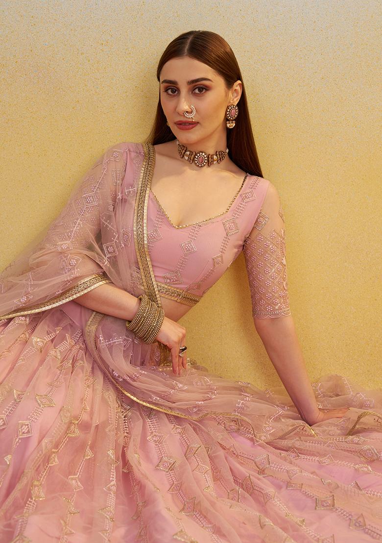 Pink Embroidery Net Lehenga Set - Indya