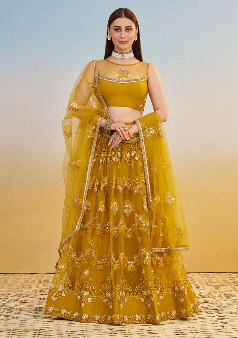 Mustard Yellow Net Lehenga Set with Embroidery for Diwali | Wedding & Festive Wear - Indya