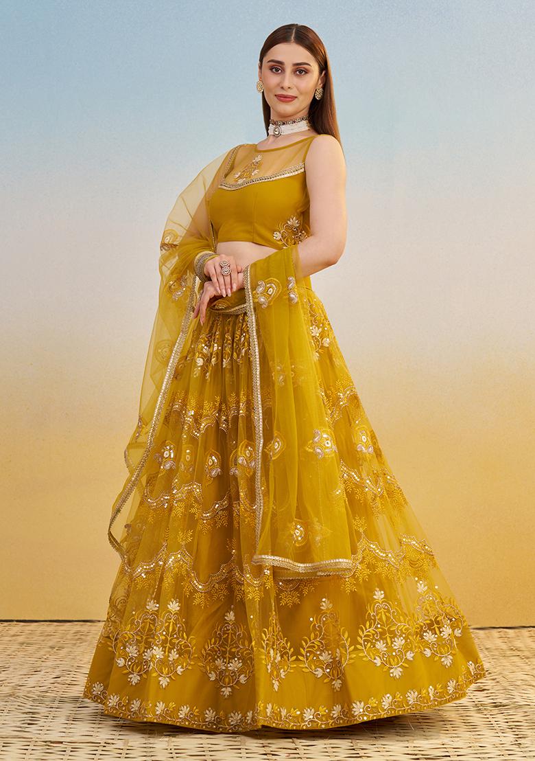 Mustard Yellow Embroidery Net Lehenga Set - Indya