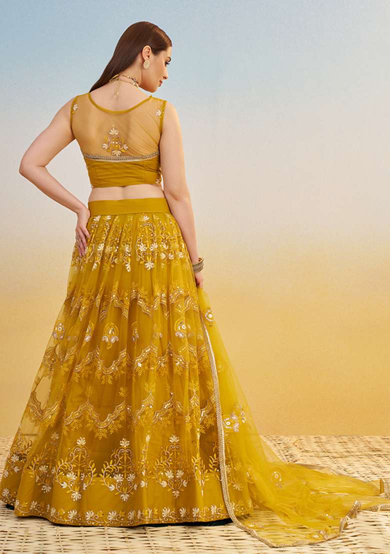 Mustard Yellow Net Lehenga Set with Embroidery for Diwali | Wedding & Festive Wear - Indya