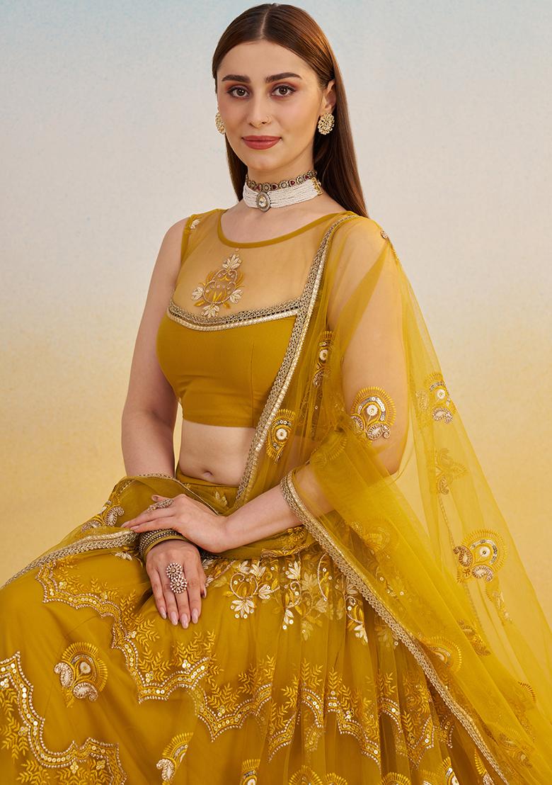 Mustard Yellow Embroidery Net Lehenga Set - Indya