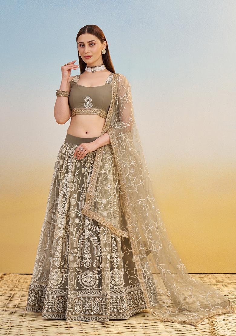 Ivory Embroidery Net Lehenga Set - Indya