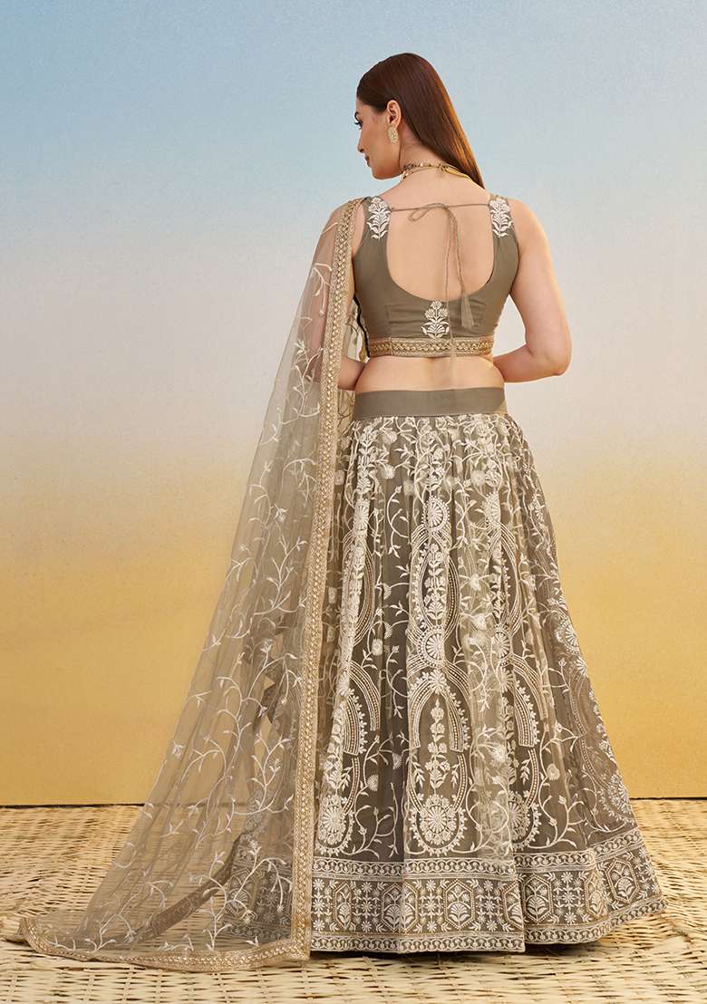 Ivory Net Lehenga Set with Embroidery for Diwali | Wedding & Festive Wear - Indya