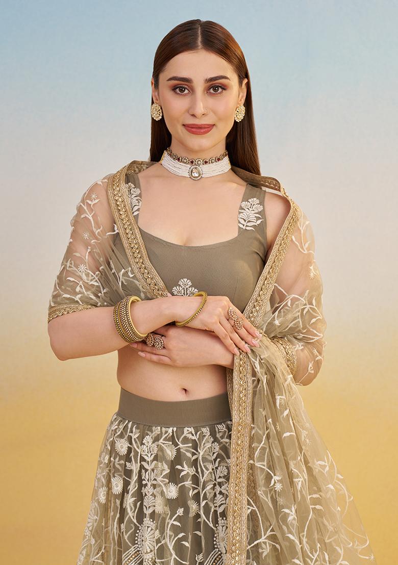 Ivory Embroidery Net Lehenga Set - Indya