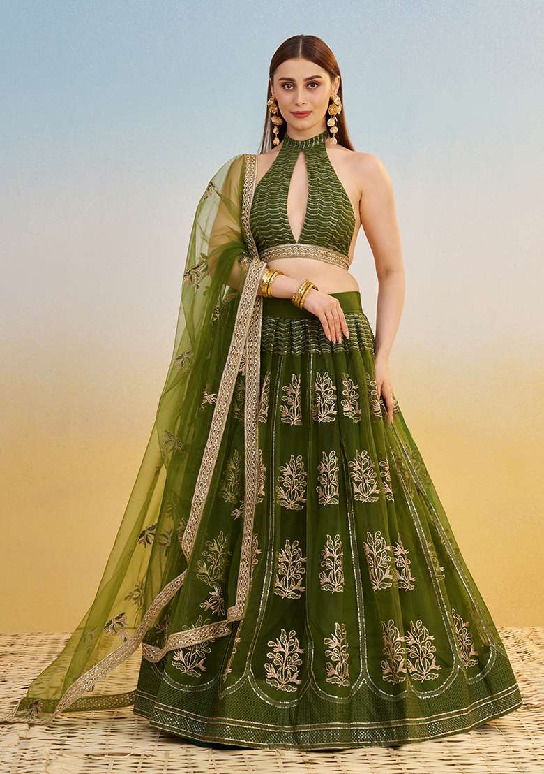 Mehandi Green Embroidery Net Lehenga Set for Diwali and Festive Wear - Indya