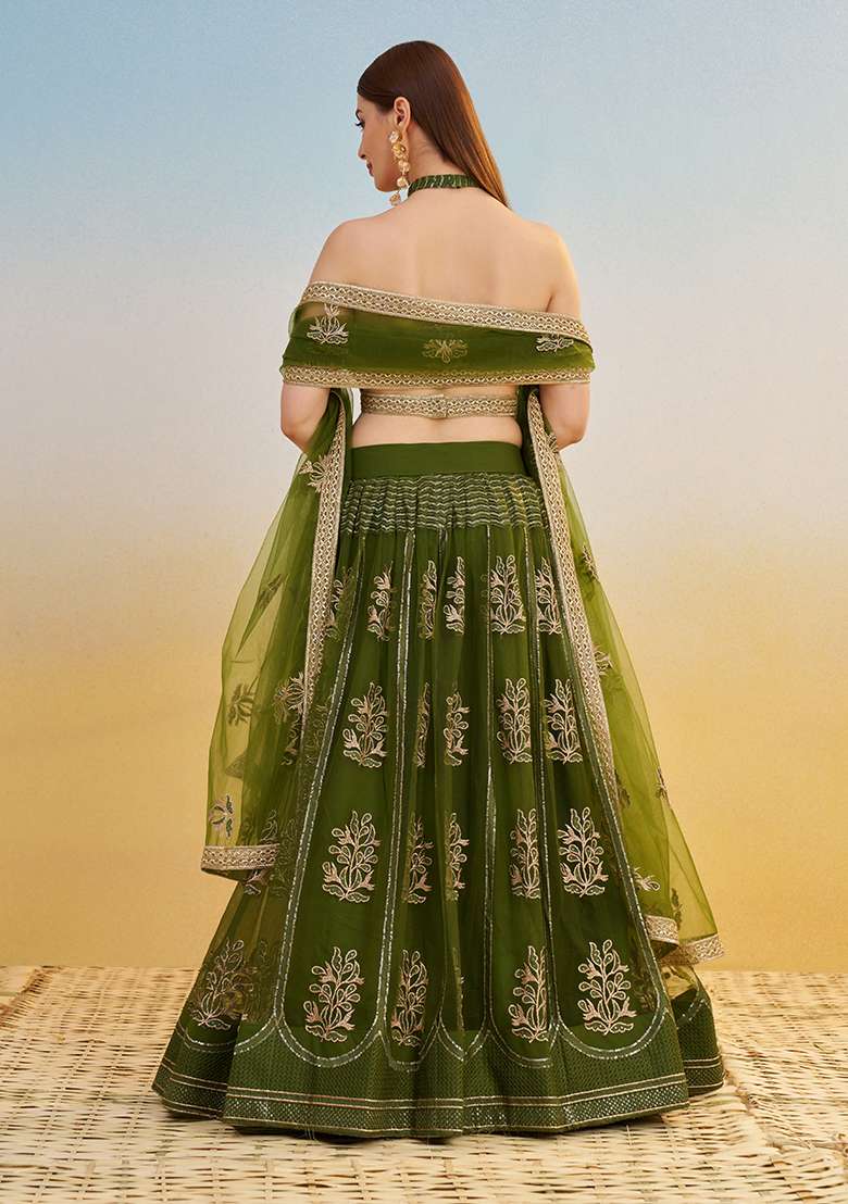 Mehandi Green Embroidery Net Lehenga Set for Diwali and Festive Wear - Indya