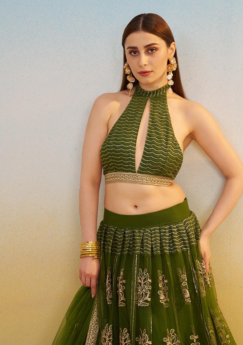 Mehandi Green Embroidery Net Lehenga Set - Indya