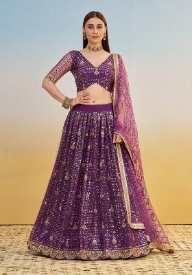 Dark Purple Embroidery Net Lehenga Set
